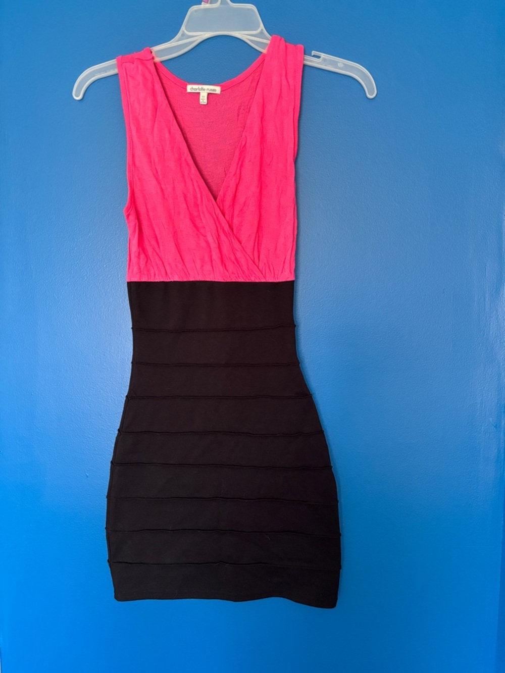 Charlotte Russe Hot Pink and Black Sleeveless V-Neck Bodycon Mini Dress size Xs